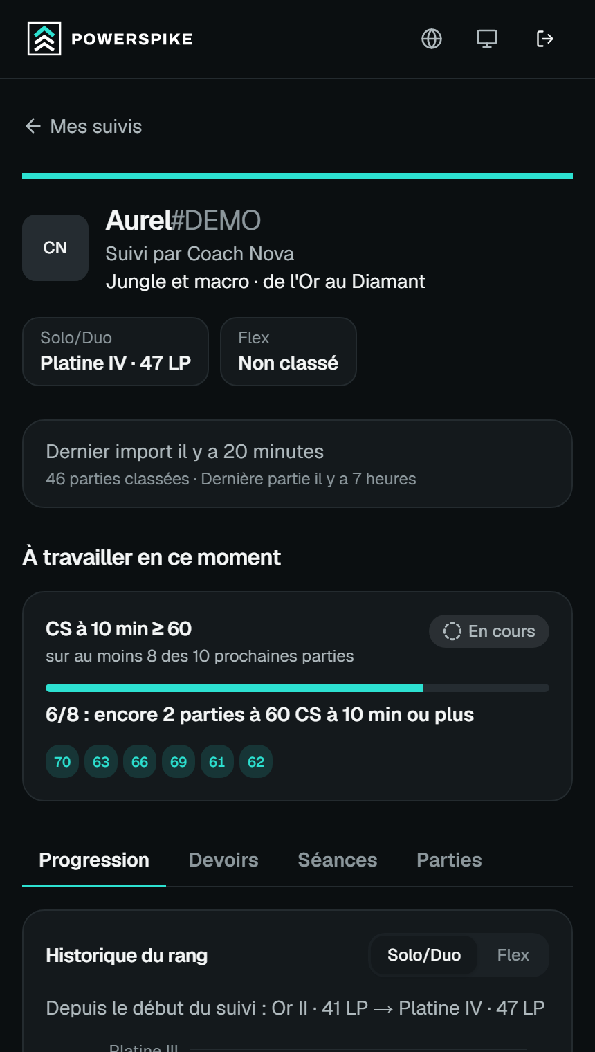 La page de progression d'un élève, sur mobile