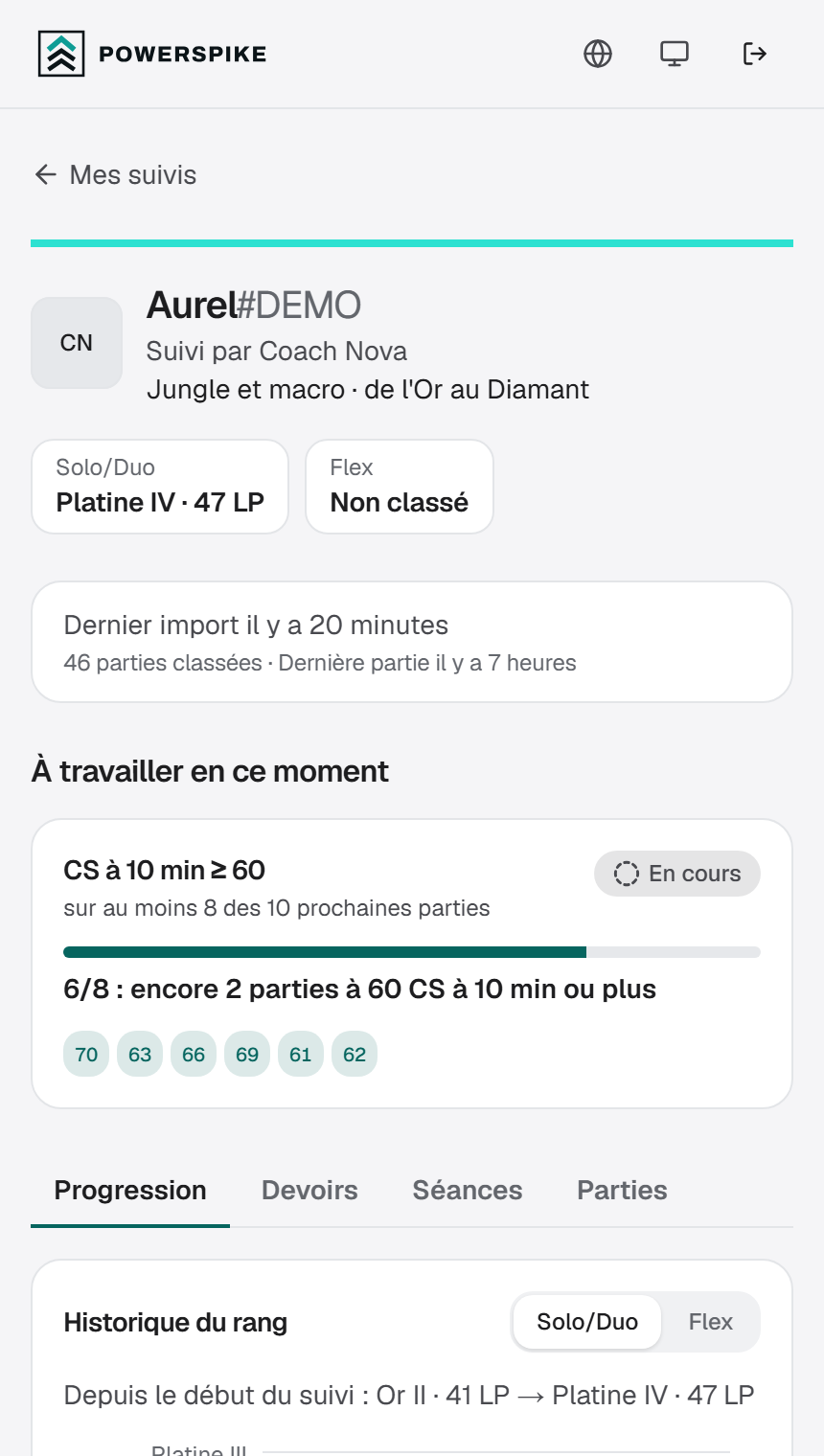 La page de progression d'un élève, sur mobile